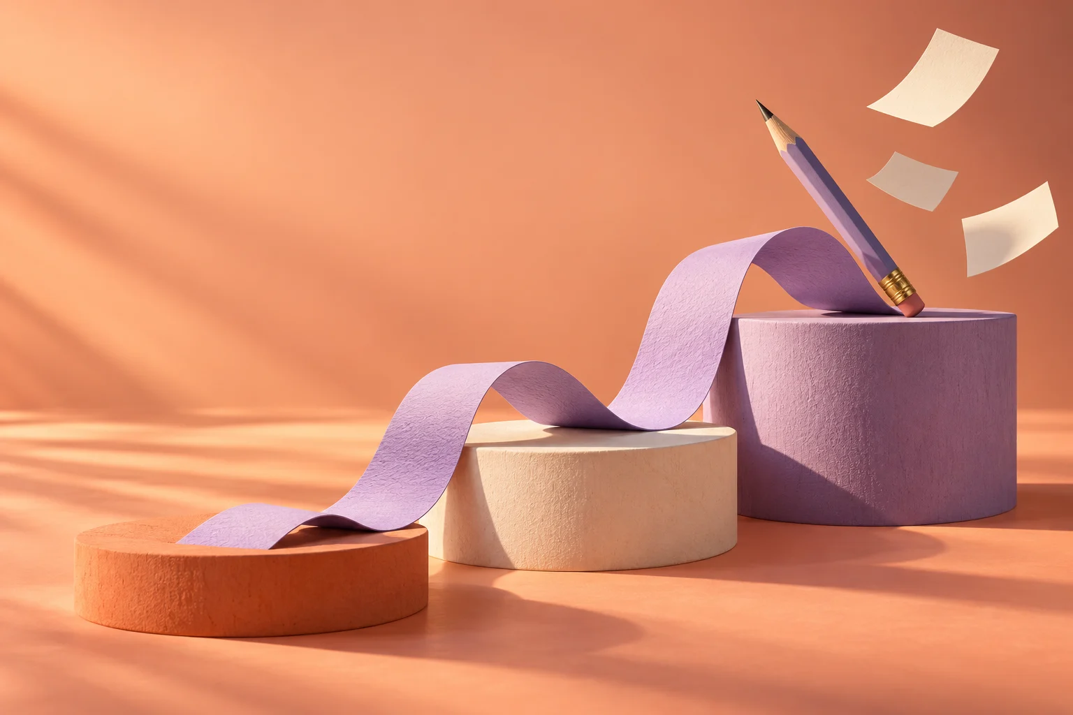 AI-generated sculptural learning steps with a lavender paper ribbon and pencil