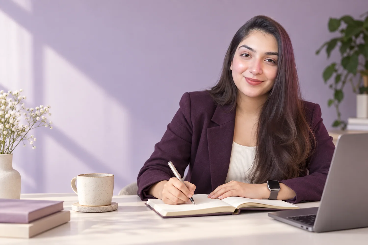 AI-styled editorial scene of Neha writing at a desk in soft daylight.