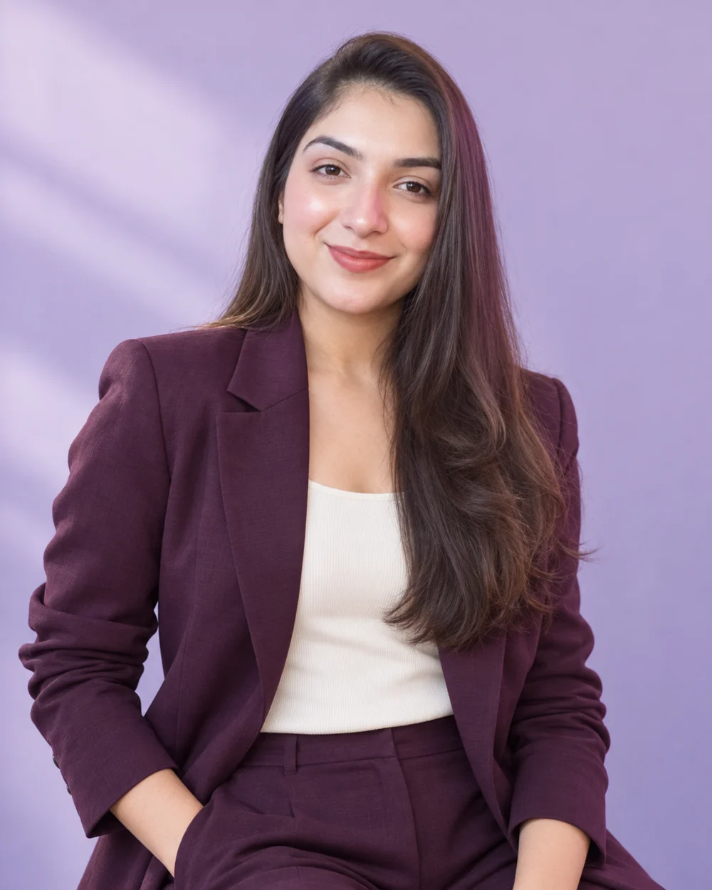 AI-styled editorial portrait of Neha in an aubergine blazer against a lilac backdrop.