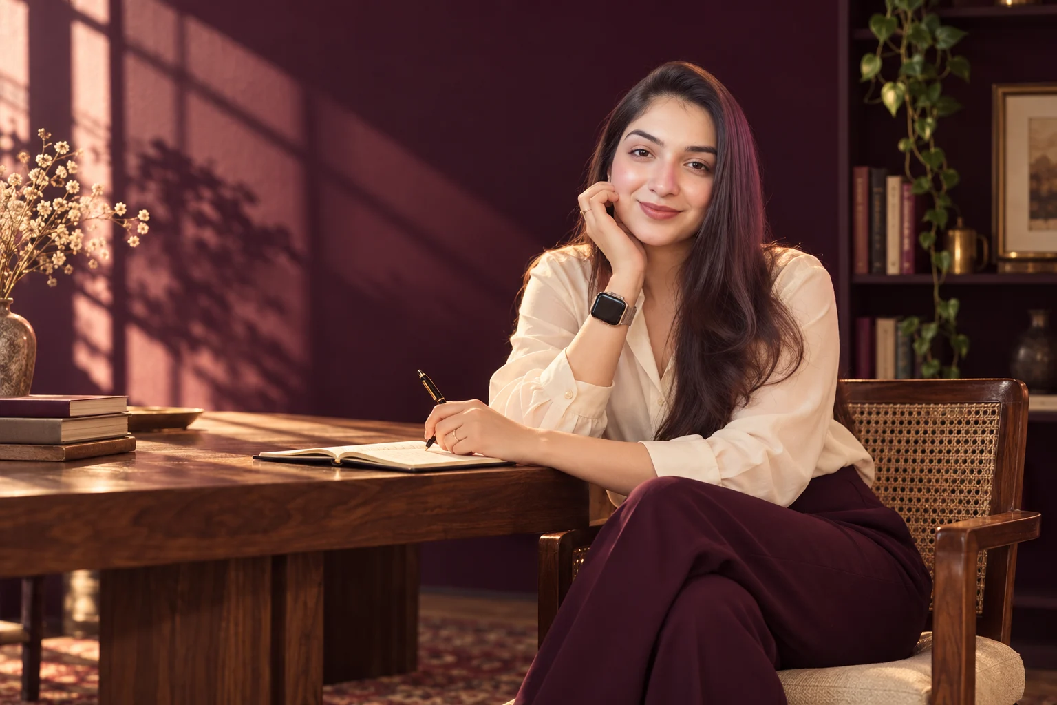 AI-styled cinematic portrait of Neha seated at a writing table in warm window light