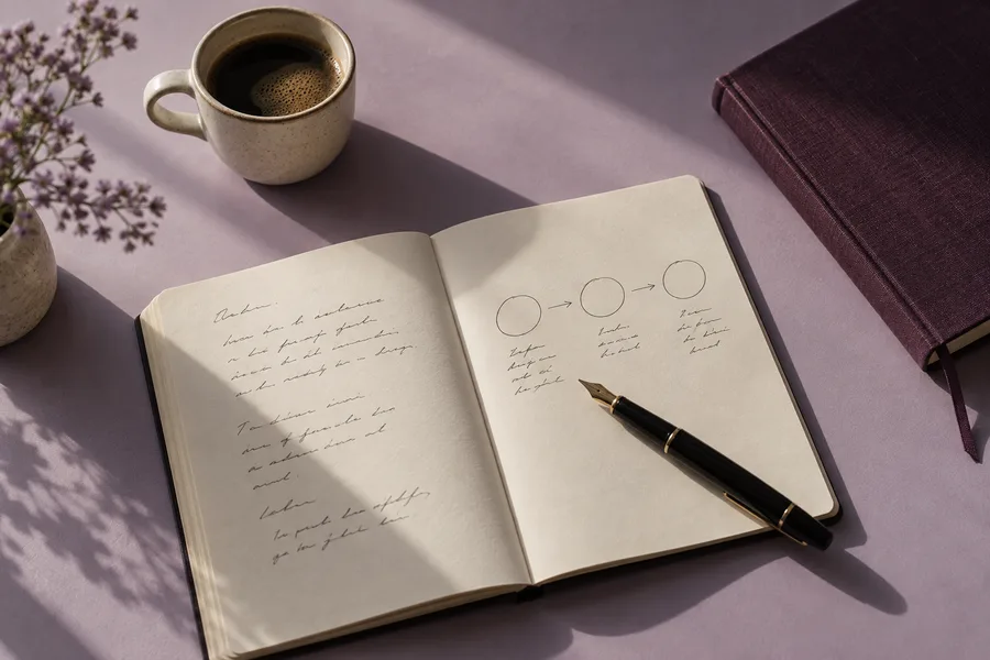 Editorial still life of a notebook, pen and a sketched three-step process.